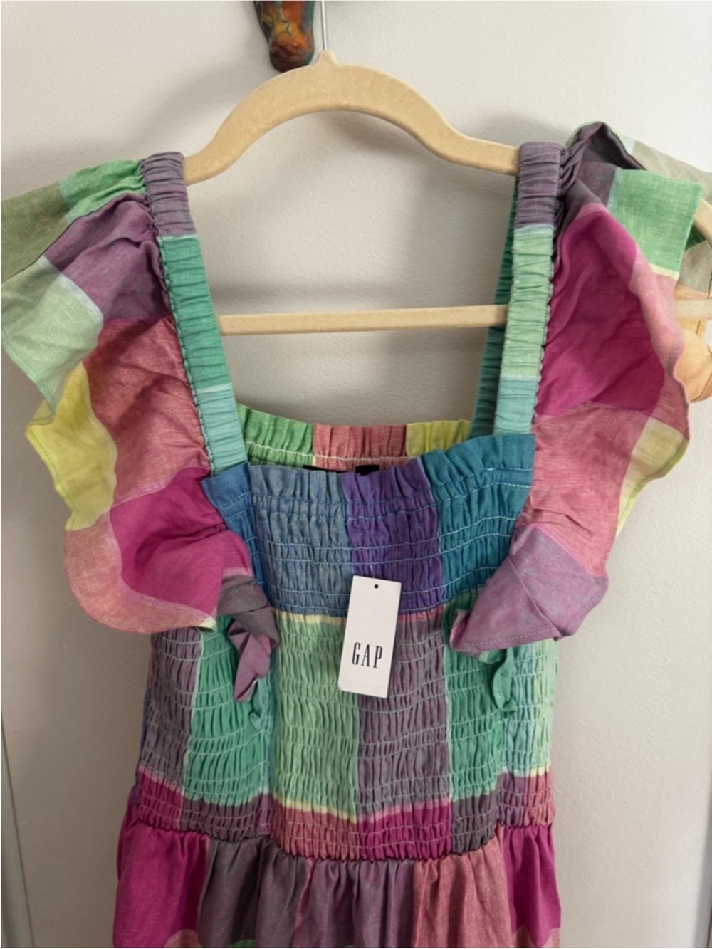 Gap Linen-Blend Colorful Pastel Flutter Sleeve Smocked Midi Dress NWT - Picture 7 of 8